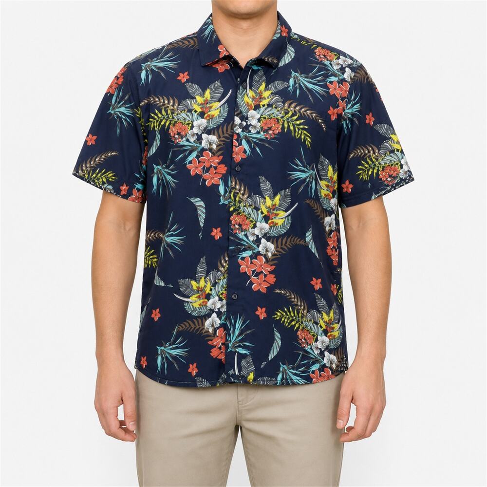 Silver Stone Shirt Mens 2XL Blue Hawaiian Cotton Short Sleeve Classic Button-Up